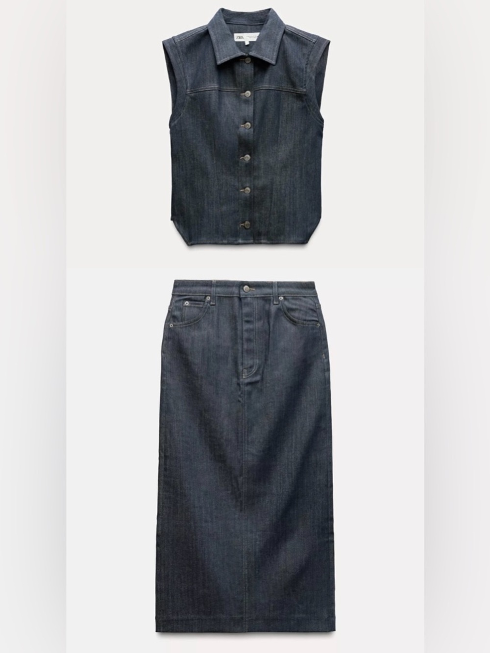 Dark Denim Button-Front Vest and Midi Skirt Set